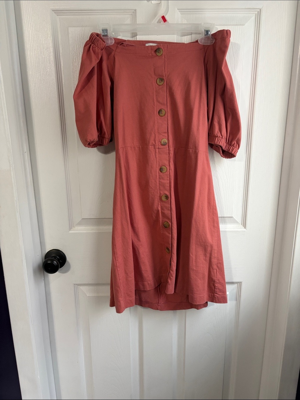 Off-Shoulder Button-Front Rust Pink Midi Dress